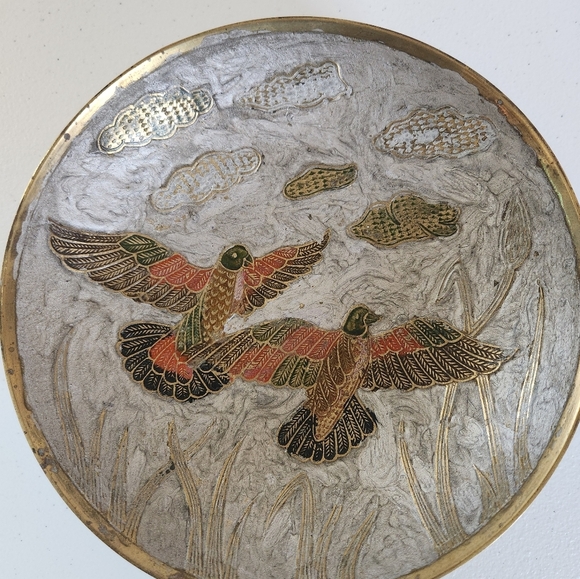 Vintage Cloisonne Enamel Brass Bowl Flying Birds Eclectic Home Decor Boho 90s - Picture 2 of 7